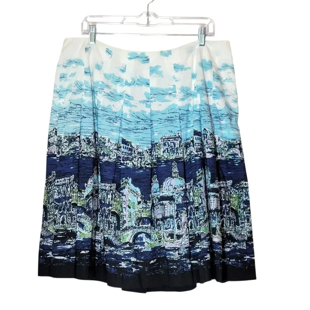 Talbots NWT Pleated Italian Landscape Print Cotton Skirt Blue White 14WP Coastal